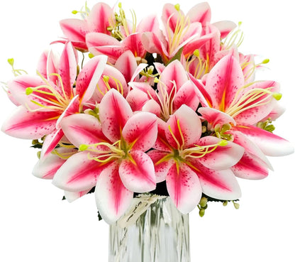 4 Bundles Artificial Tiger Lily Silk Flowers Faux Fake Lilies Plants for Wedding Bouquet Home Party Indoor Table Hotel Office Vases Floral Arrangements Outdoor Garden Decor (Pink)