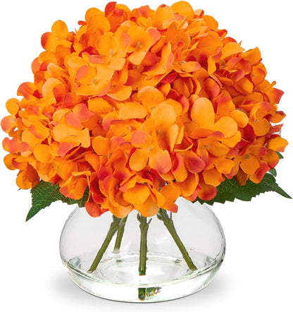 Hollyone Hydrangea Artificial Flowers with Vase White Silk Fake Flowers Arrangements in Glass Vase with Faux Water for Home Bathroom Office Table Centerpiece Shelf Decorations