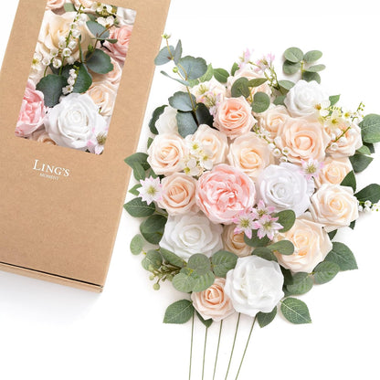 Ling's moment Fake Flowers Box, Faux Artificial Greenery Stems Foam Roses Silk Peony Ranunculus Fabic Flower for Centerpieces Bouquet Wedding Vase Floral Decorations, Garden Blush, Deluxe Combo