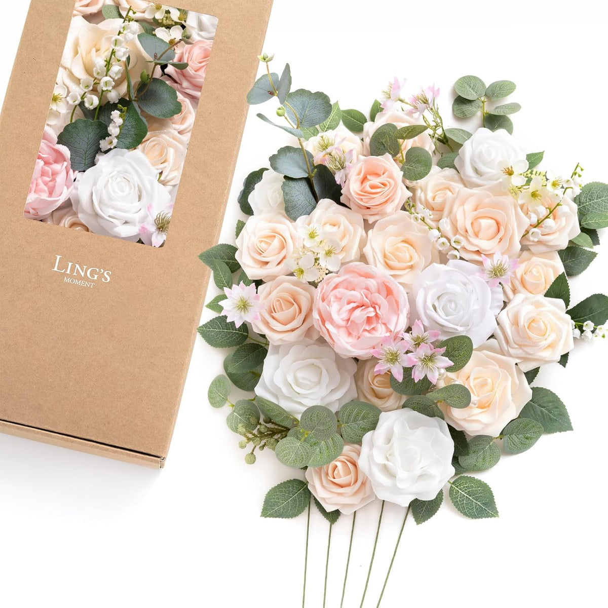 Ling's moment Fake Flowers Box, Faux Artificial Greenery Stems Foam Roses Silk Peony Ranunculus Fabic Flower for Centerpieces Bouquet Wedding Vase Floral Decorations, Garden Blush, Deluxe Combo