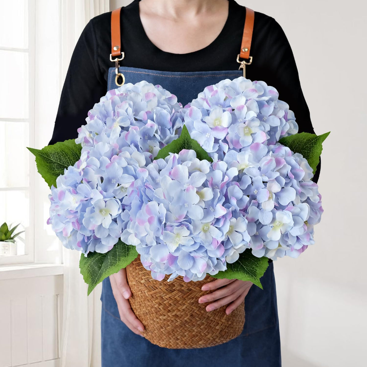 Blue Hydrangea Artificial Flowers, 5Pcs 20-Inch Large Lifelike Silk Hydrangeas for Home Decor