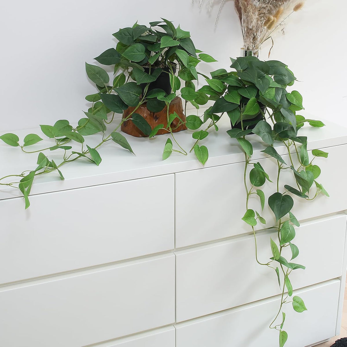 Fake Pothos Hanging Plants - 33" Set of 2 Artificial Silk Ivy Vines with Pots, Realistic Faux Greenery for Indoor Home Office Bathroom Decor, Low Maintenance Hanging Plant Decoration - Golden Green