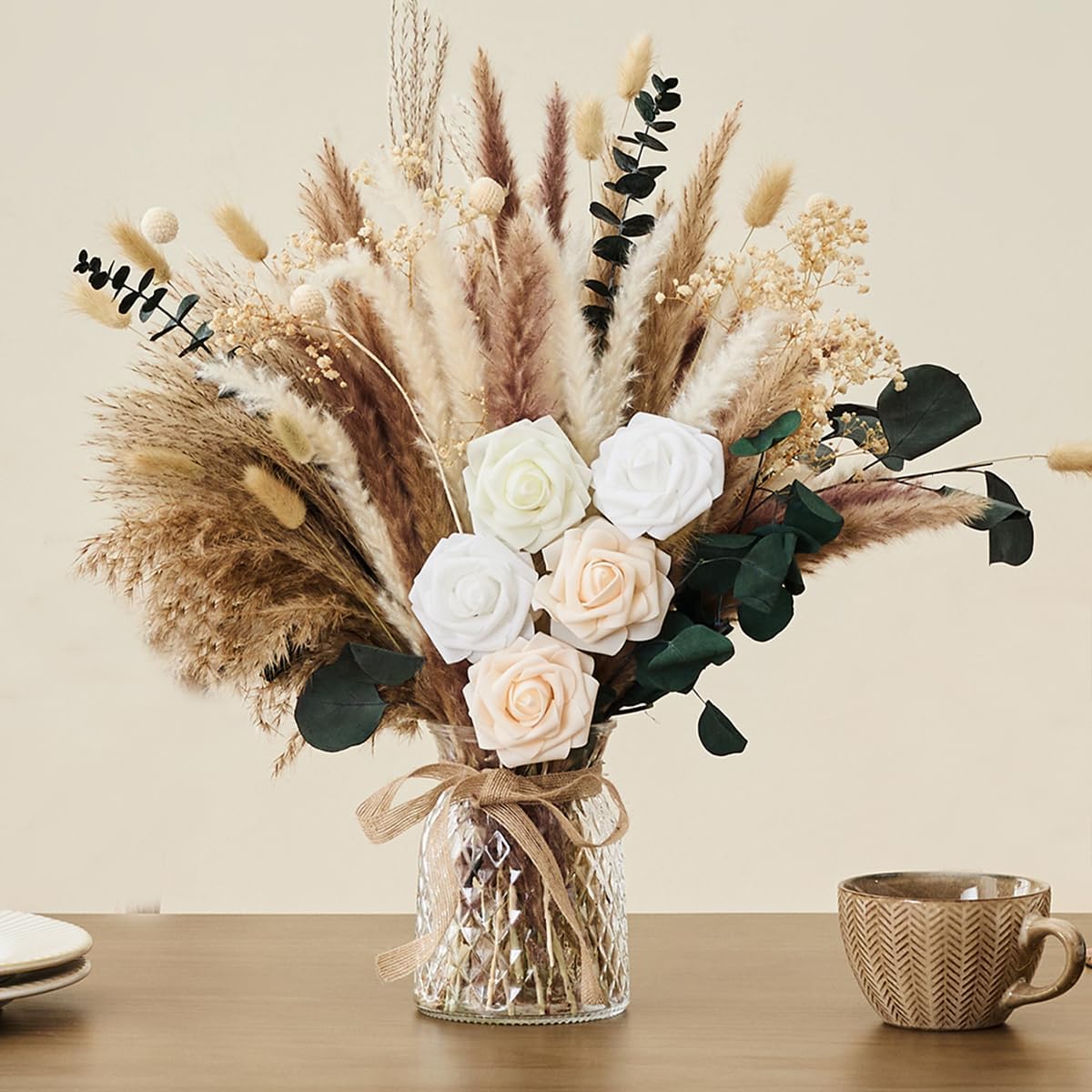 Hydrangeas Floral Arrangement in Glass Vase, Fake Flowers Silk Hydrangea Artificial Flowers with Vase for Home Office Decoration, Dining Table Centerpiece(Pink)