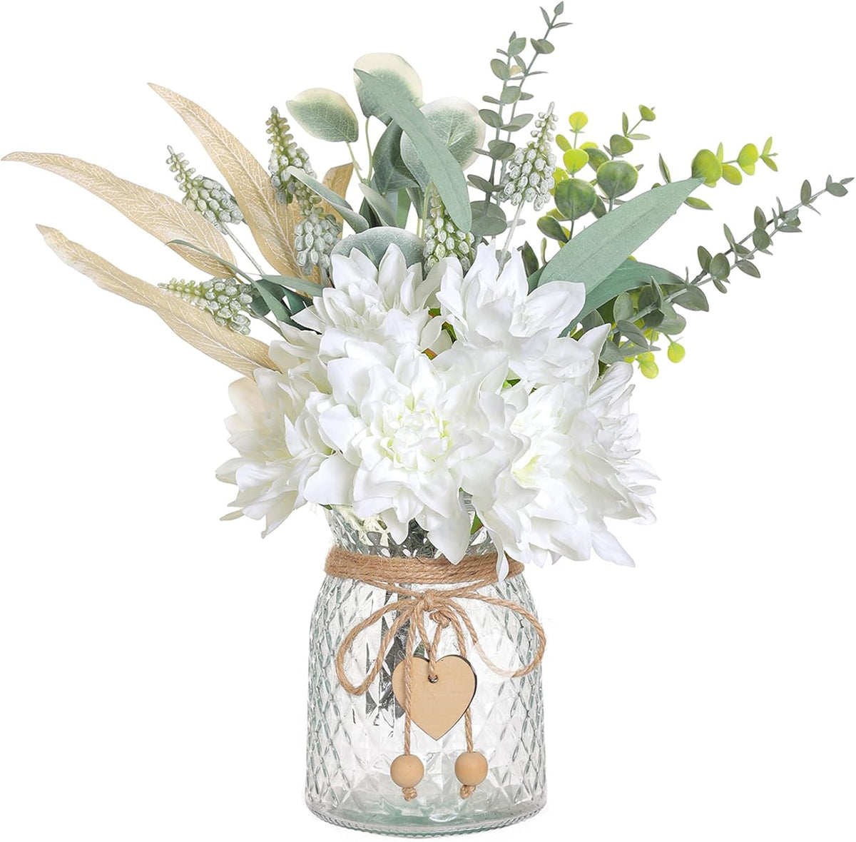 Faux Flowers with Vase, Artificial Silk Flowers in Vase, Fake Plant Eucalyptus and Willow, Flower Arrangement for Home Farmhouse kitchen Dining Table Centerpiece Decorations Coffee Table Decor (White)