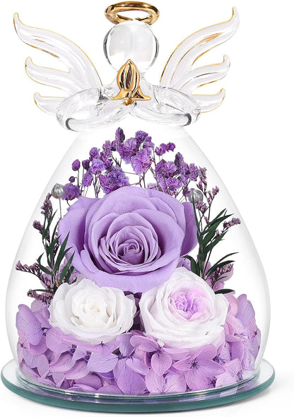 Gifts for Mom Birthday Gifts for Women Preserved Rose Forever Flower in Glass Angel Figurines Fresh Flowers for Delivery Anniversary Mothers Day Real Colorful Roses for Grandma Her Wife from Daughter