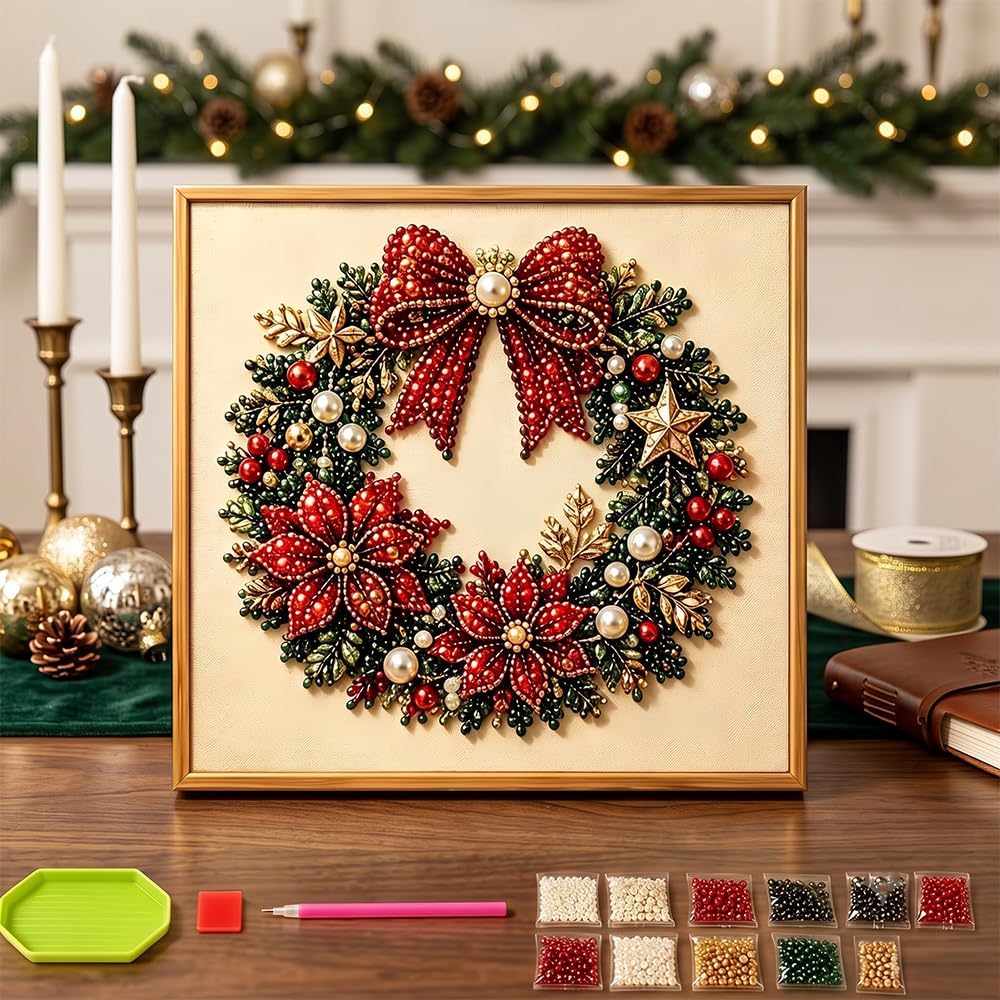 DIY Christmas Pearl Diamond Painting Art Kit with Frame, Festive Handmade Home Wall Decor