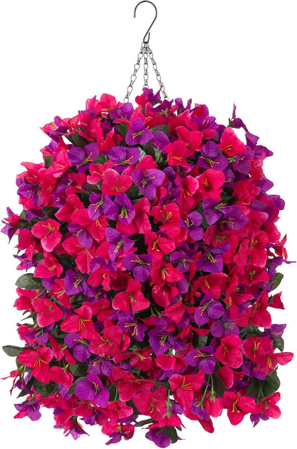2 Pcs Artificial Faux Bougainvillea Flowers Plants for Outdoor Outside Summer Decoration, Fake Silk UV Resistant Long Trailing Vines for Front Door Porch Planter Balcony (Purple Rose Red)