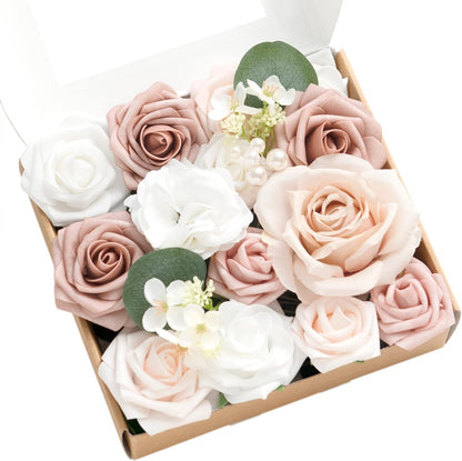 Ling's moment Fake Flowers Box, Faux Artificial Greenery Stems Foam Roses Poppy Gardenia Silk Hydrangea Peony Fabic Flower for Centerpieces Bouquet Wedding Floral Vase, English Pastel, Deluxe Combo