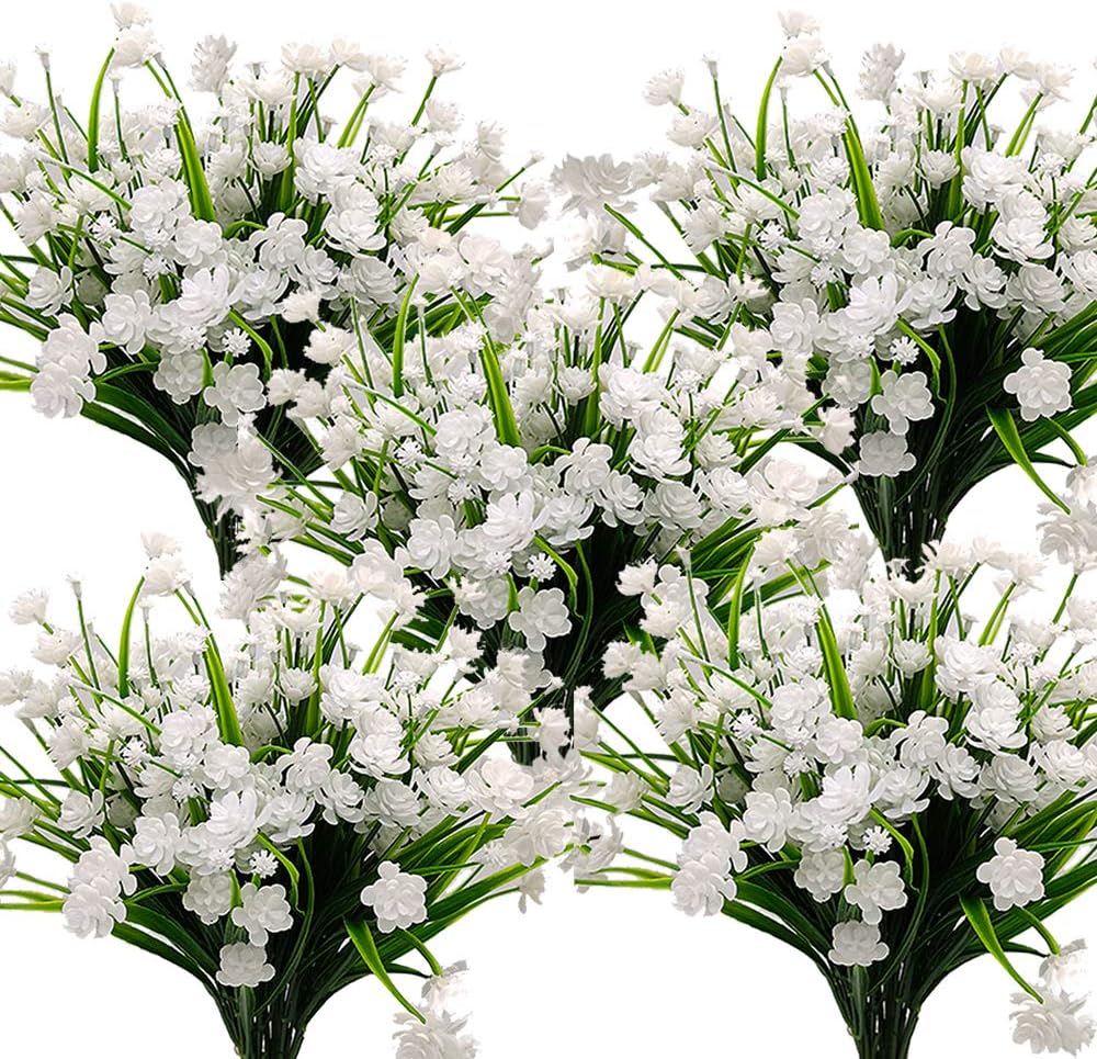 Grunyia 10 Bundles Artificial Fake Flowers, Faux Outdoor Plastic Plants UV Resistant Shrubs Outside Indoor Decorations (Blue-Eucalyptus)