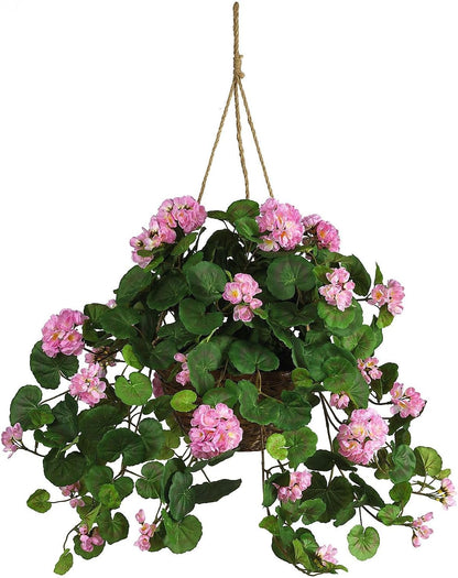 Nearly Natural 24in Artificial Geranium Hanging Basket Faux Floral Plant for Indoor Home Porch Decor, Red