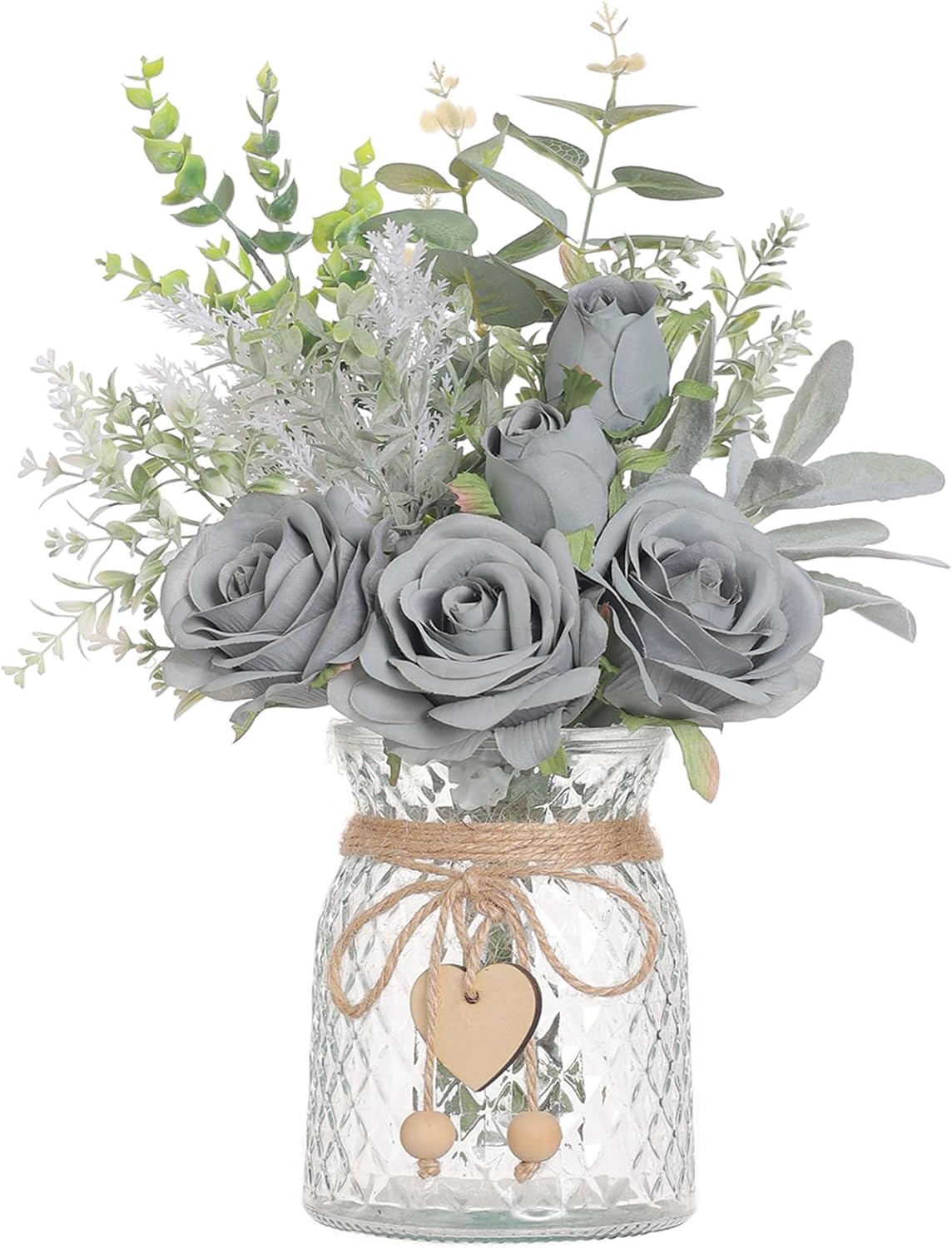 Faux Flowers with Vase, Artificial Silk Roses in Vase, Fake Plant Eucalyptus Flower Arrangement for Home Office Farmhouse Bathroom Dining Table Centerpiece Decorations Coffee Table Decor (White)