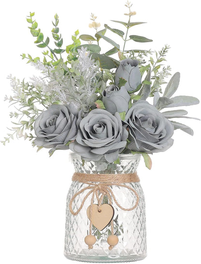 Faux Flowers with Vase, Artificial Silk Roses in Vase, Fake Plant Eucalyptus Flower Arrangement for Home Office Farmhouse Bathroom Dining Table Centerpiece Decorations Coffee Table Decor (White)