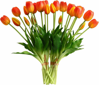Artificial Flowers 20 Pcs Fake Tulips Real Touch, Faux Latex Tulips Flowers with Gift Box Soft Faux Tulips Bouquets Arrangements for Party Wedding Home Room Decoration (Orange)