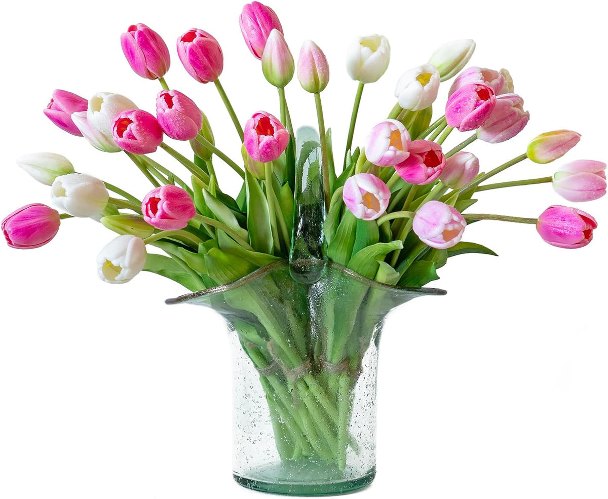 15 Pcs Artificial Tulips Flowers, Latex Bouquet, Fake Tulips for Office Wedding Party Home Kitchen Garden Decoration (White, 15 Pcs)