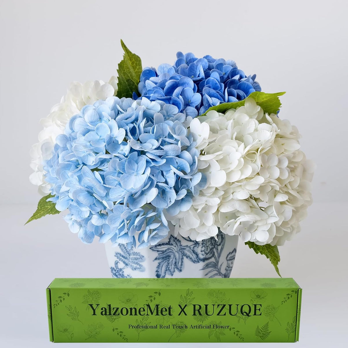 YalzoneMet Hydrangea Artificial Flowers 4 Pcs 2 White 2 Light Blue 21 inch Long Rod Real Touch Lifelike Fake Latex Hydrangea for Home Party Outdoor Wedding Gifts Christmas Decor Table Centerpiece