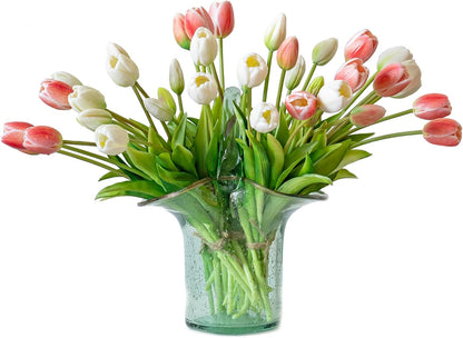 15 Pcs Artificial Tulips Flowers, Latex Bouquet, Fake Tulips for Office Wedding Party Home Kitchen Garden Decoration (White, 15 Pcs)