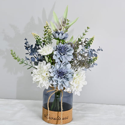 LADADA Blue Artificial Flower Bouquet in Ceramic Vase, White and Blue Ball Chrysanthemum with Eucalyptus, Minimalist Desk Decor for Office Home Centerpiece