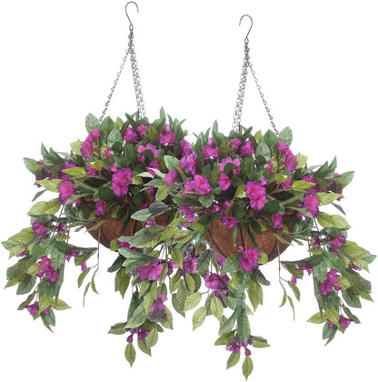 OakRidge Fully Assembled Impatiens Hanging Basket – Large Artificial Flower Outdoor or Indoor Decoration with Hook - Purple