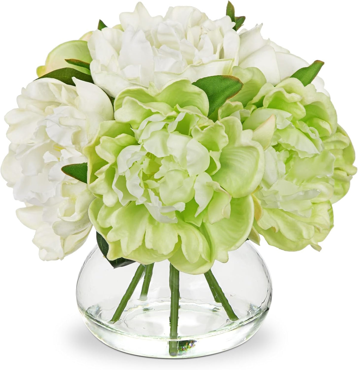 Hollyone Hydrangea Artificial Flowers with Vase White Silk Fake Flowers Arrangements in Glass Vase with Faux Water for Home Bathroom Office Table Centerpiece Shelf Decorations