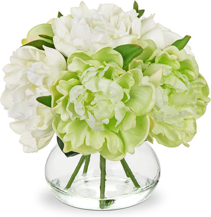 Hollyone Hydrangea Artificial Flowers with Vase White Silk Fake Flowers Arrangements in Glass Vase with Faux Water for Home Bathroom Office Table Centerpiece Shelf Decorations