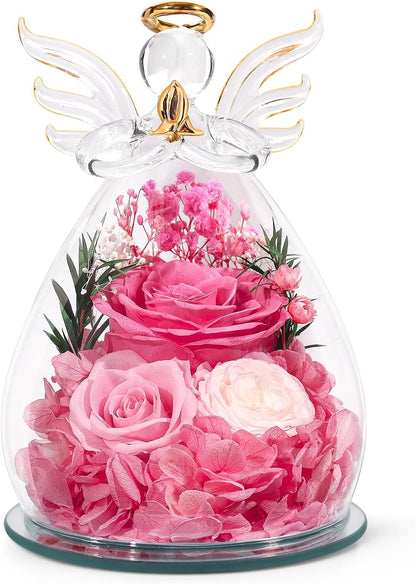 Gifts for Mom Birthday Gifts for Women Preserved Rose Forever Flower in Glass Angel Figurines Fresh Flowers for Delivery Anniversary Mothers Day Real Colorful Roses for Grandma Her Wife from Daughter