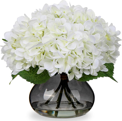Hollyone Hydrangea Artificial Flowers with Vase White Silk Fake Flowers Arrangements in Glass Vase with Faux Water for Home Bathroom Office Table Centerpiece Shelf Decorations