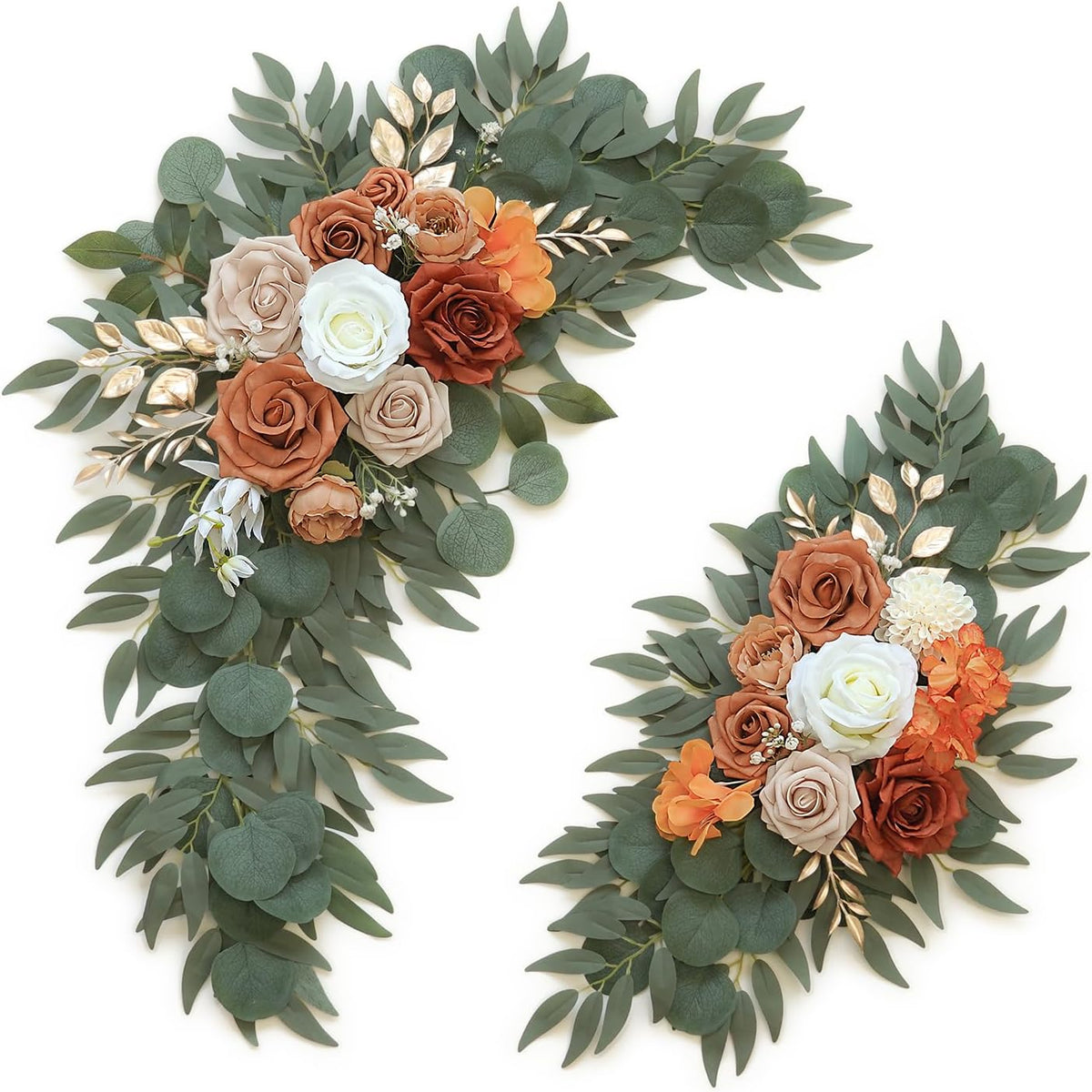2-Pack Sage Green & White Wedding Flower Swag Set, Large: 35.43"L x 14.56"W, Small: 24.80"L x 12.99"W, Artificial Flowers for Wedding Arch, Ceremony, Table Centerpieces, Wall Hanging