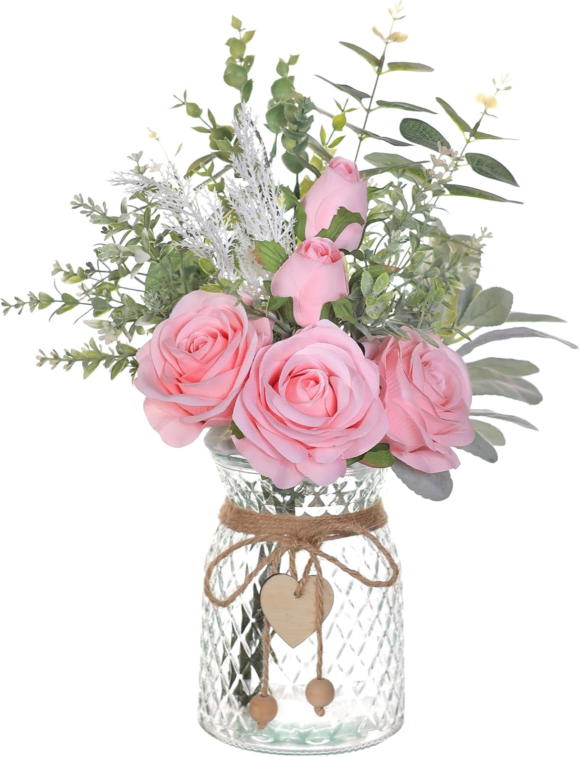 Faux Flowers with Vase, Artificial Silk Roses in Vase, Fake Plant Eucalyptus Flower Arrangement for Home Office Farmhouse Bathroom Dining Table Centerpiece Decorations Coffee Table Decor (White)