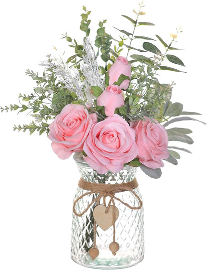 Faux Flowers with Vase, Artificial Silk Roses in Vase, Fake Plant Eucalyptus Flower Arrangement for Home Office Farmhouse Bathroom Dining Table Centerpiece Decorations Coffee Table Decor (White)