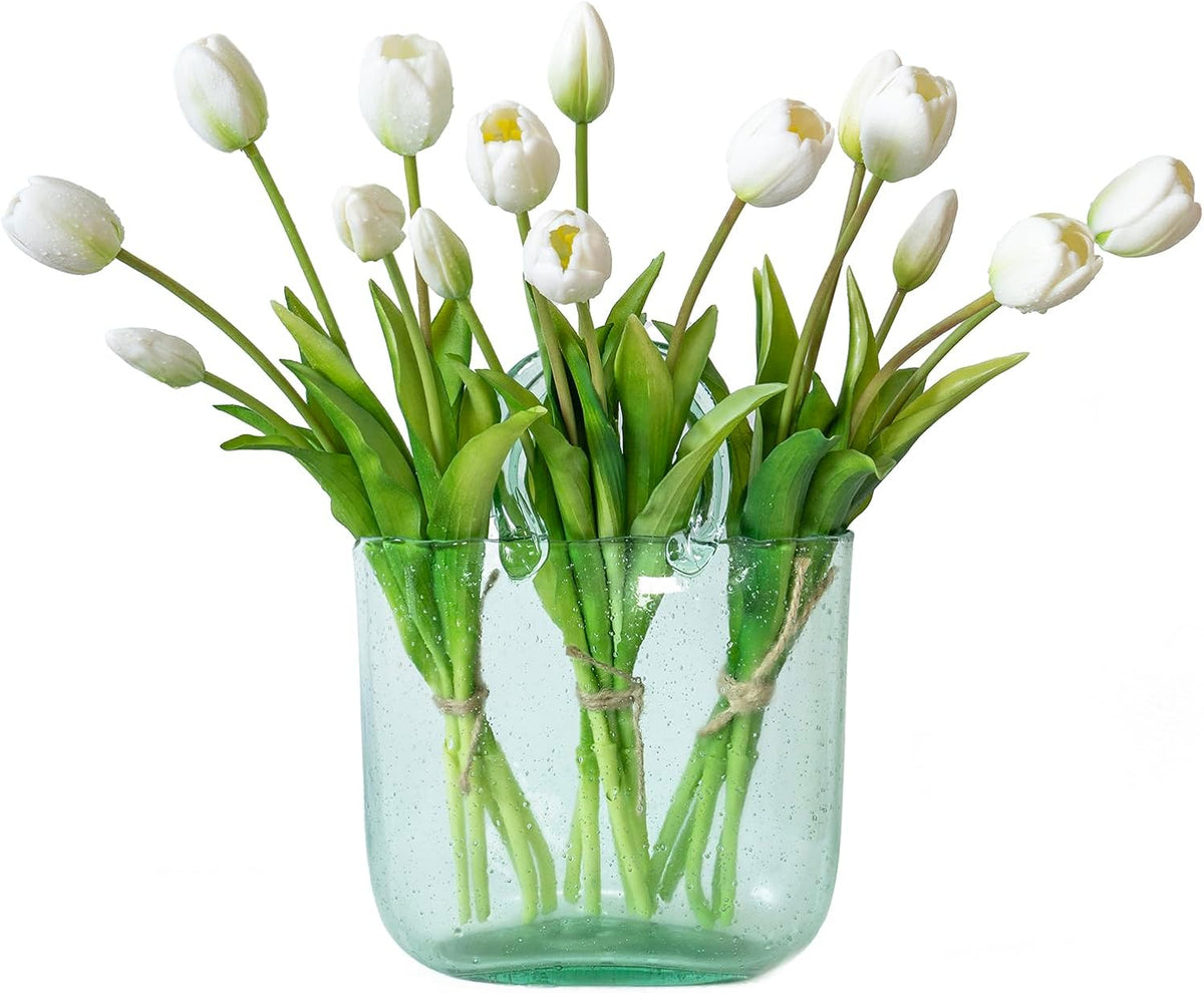 15 Pcs Artificial Tulips Flowers, Latex Bouquet, Fake Tulips for Office Wedding Party Home Kitchen Garden Decoration (White, 15 Pcs)