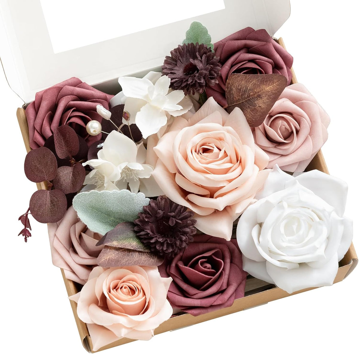 Ling's moment Fake Flowers Box, Faux Artificial Greenery Stems Foam Roses Silk Peony Ranunculus Fabic Flower for Centerpieces Bouquet Wedding Vase Floral Decorations, Garden Blush, Deluxe Combo