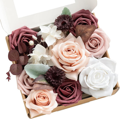 Ling's moment Fake Flowers Box, Faux Artificial Greenery Stems Foam Roses Poppy Gardenia Silk Hydrangea Peony Fabic Flower for Centerpieces Bouquet Wedding Floral Vase, English Pastel, Deluxe Combo