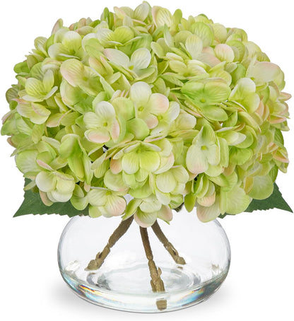 Hollyone Hydrangea Artificial Flowers with Vase White Silk Fake Flowers Arrangements in Glass Vase with Faux Water for Home Bathroom Office Table Centerpiece Shelf Decorations