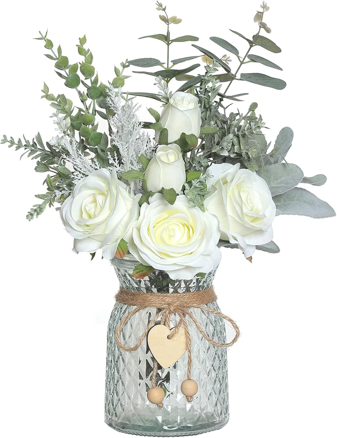 Faux Flowers with Vase, Artificial Silk Roses in Vase, Fake Plant Eucalyptus Flower Arrangement for Home Office Farmhouse Bathroom Dining Table Centerpiece Decorations Coffee Table Decor (White)