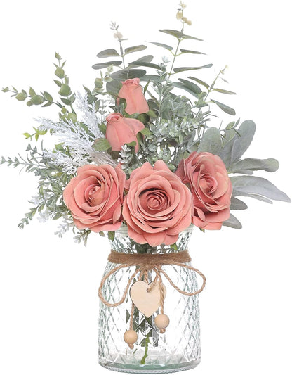 Faux Flowers with Vase, Artificial Silk Roses in Vase, Fake Plant Eucalyptus Flower Arrangement for Home Office Farmhouse Bathroom Dining Table Centerpiece Decorations Coffee Table Decor (White)