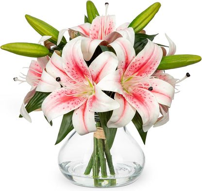 Hollyone Hydrangea Artificial Flowers with Vase White Silk Fake Flowers Arrangements in Glass Vase with Faux Water for Home Bathroom Office Table Centerpiece Shelf Decorations