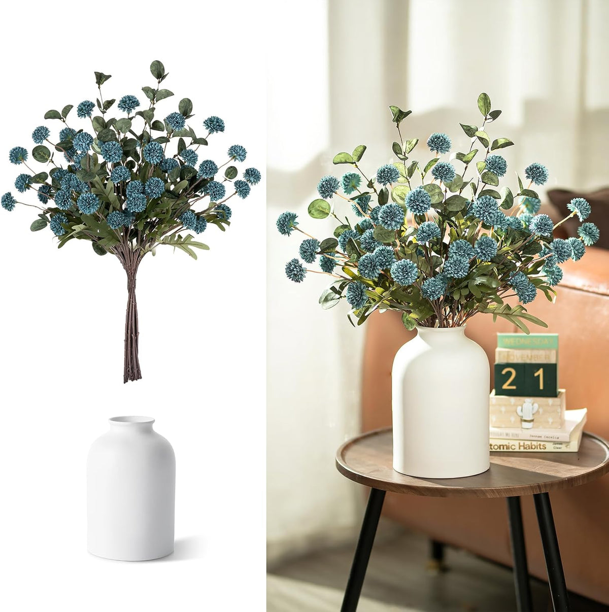 BLOSMON Fake Flowers in Vase for Centerpieces: Metal Vase with 12 Stems of Artificial Mums Kiku Flowers Eucalyptuses Home Table Decor - White Faux Pom Poms Floral Arrangements for Living Room