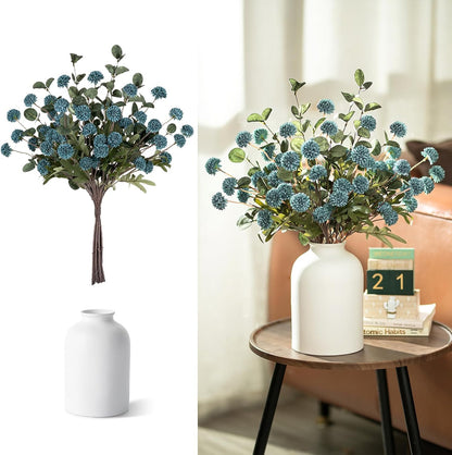 BLOSMON Fake Flowers in Vase for Centerpieces: Metal Vase with 12 Stems of Artificial Mums Kiku Flowers Eucalyptuses Home Table Decor - White Faux Pom Poms Floral Arrangements for Living Room