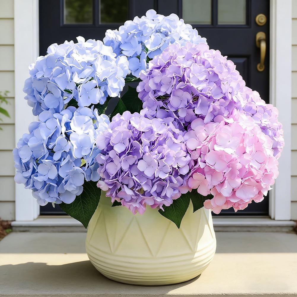 UV Resistant Hydrangeas 6 Bundles with 30 Heads Artificial Faux Silk Flowers for Garden Porch Yard Window Box Wedding Decoration Bush for Outdoor Front Door Garden Decor Potted Topiary