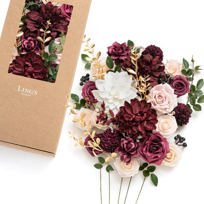 Ling's moment Fake Flowers Box, Faux Artificial Greenery Stems Foam Roses Dahlia Silk Peonies Eucalyptus Fabic Flower for Centerpieces Bouquet Wedding Vase, Dusty Rose & Burgundy, Deluxe Combo