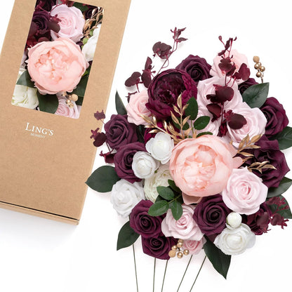 Ling's moment Fake Flowers Box, Faux Artificial Greenery Stems Foam Roses Dahlia Silk Peonies Eucalyptus Fabic Flower for Centerpieces Bouquet Wedding Vase, Dusty Rose & Burgundy, Deluxe Combo