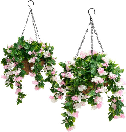 15" Faux Crepe Myrtle Hanging Baskets - Set of 2, Artificial Hanging Plants Flowers for Outdoors, No Maintenance Required, No Watering Needed. Brighten Your Porch Instantly! (Pink)