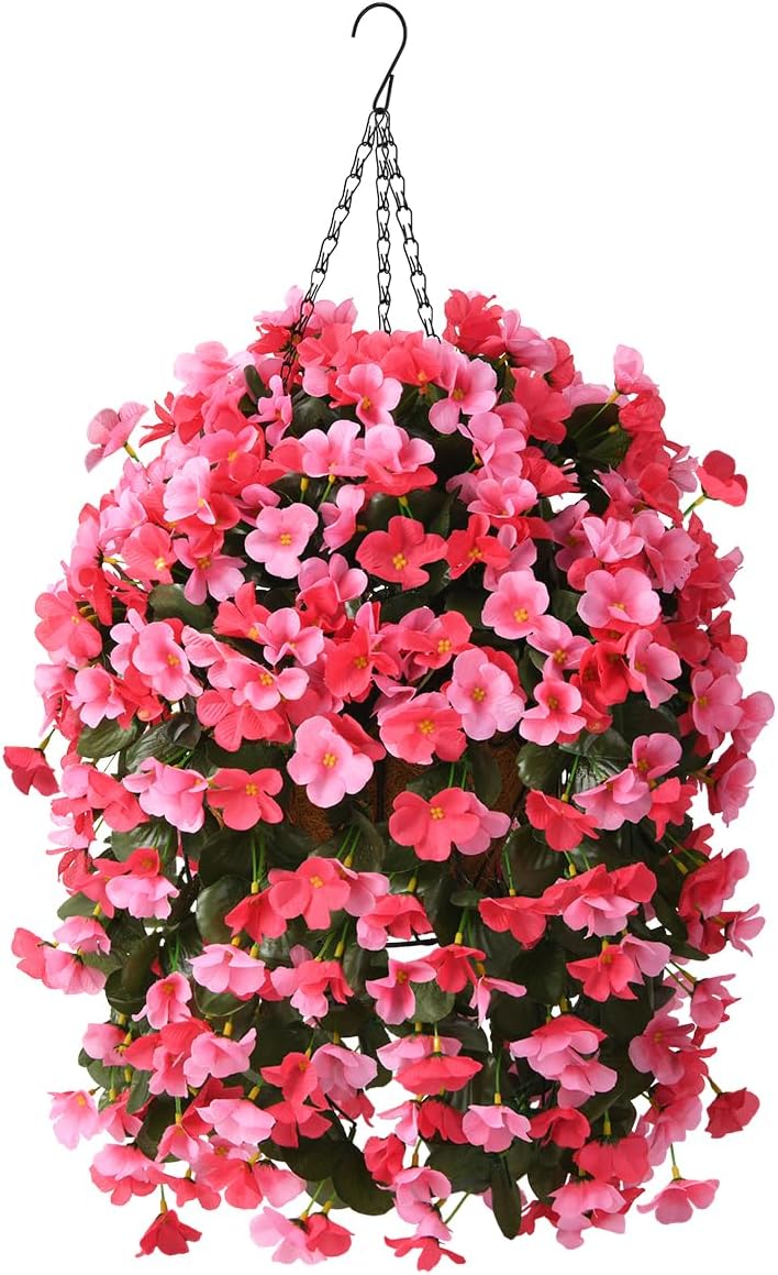 INQCMY Artificial Fake Hanging Plants Flowers Basket for Spring Summer Outdoor Outside Decoration, Faux Silk Begonia Flower in Planter Look Real UV Resistant for Home Porch Patio Balcony Yard Decor