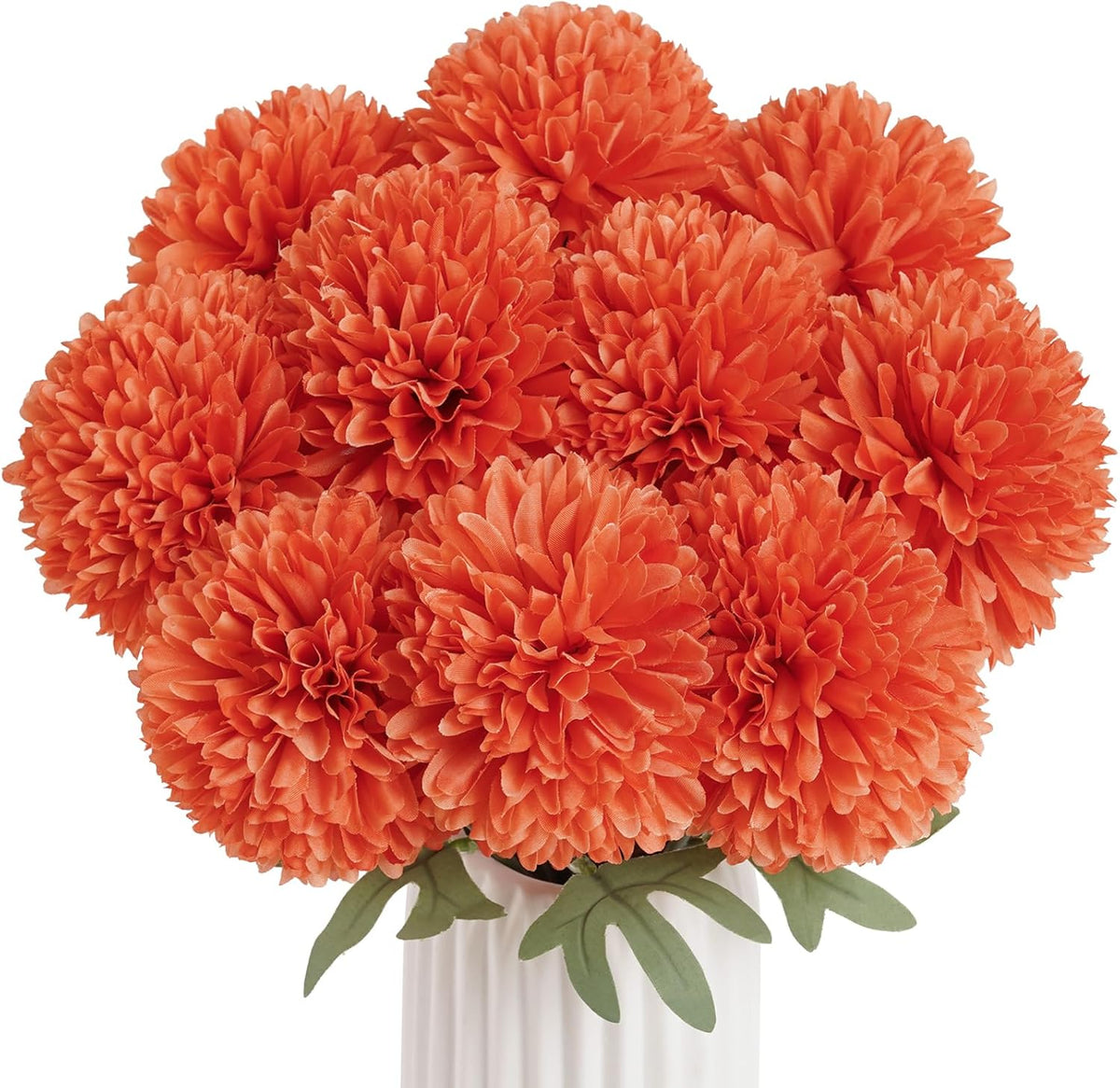 BonBloom's Artificial Chrysanthemums Flowers, 10 Pcs Realistic Large Faux Mums Chrysanthemums Ball Silk with Stems for Autumn Easter Home Floral Arrangement Table Centerpiece (Orange)