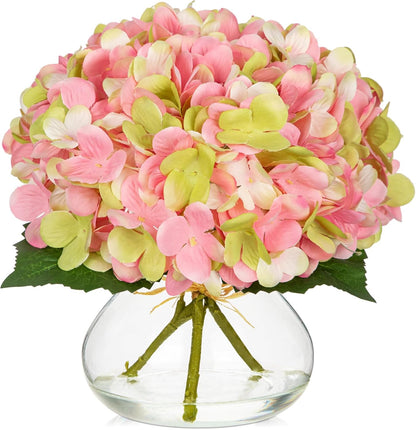 Hollyone Hydrangea Artificial Flowers with Vase White Silk Fake Flowers Arrangements in Glass Vase with Faux Water for Home Bathroom Office Table Centerpiece Shelf Decorations