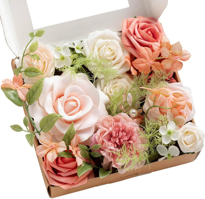 Ling's moment Fake Flowers Box, Faux Artificial Greenery Stems Foam Roses Poppy Gardenia Silk Hydrangea Peony Fabic Flower for Centerpieces Bouquet Wedding Floral Vase, English Pastel, Deluxe Combo