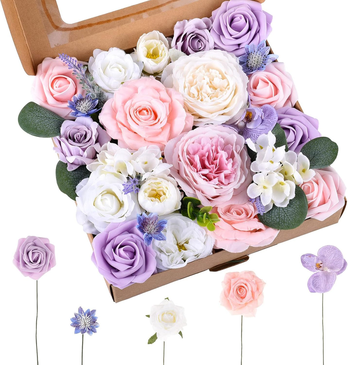 Jspupifip Pink, Hot Pink Artificial Flowers Combo Box Fake Silk Roses with Stems Hydrangea Peony Arrangement for Bridal Shower Boho DIY Wedding Cake White Flowers Table Decorations