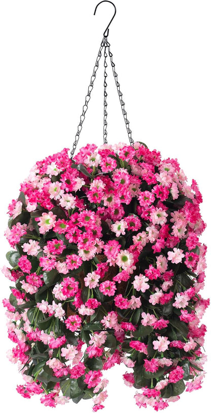 Artificial Flowers in Hanging Basket for Outdoors Spring Decor, Fake Mums Flowers Faux Plants with Basket for Indoors Home Porch Garden Yard Patio Decoration (Purple Pink)