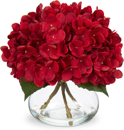 Hollyone Hydrangea Artificial Flowers with Vase White Silk Fake Flowers Arrangements in Glass Vase with Faux Water for Home Bathroom Office Table Centerpiece Shelf Decorations