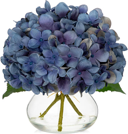 Hollyone Hydrangea Artificial Flowers with Vase White Silk Fake Flowers Arrangements in Glass Vase with Faux Water for Home Bathroom Office Table Centerpiece Shelf Decorations